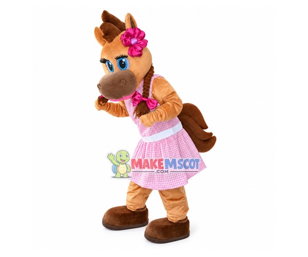 Brown Lady Horse In Plaid Dress Mascot Costume Brown Lady Horse In Plaid Dress Mascot Costume