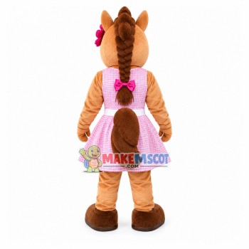 Brown Lady Horse In Plaid Dress Mascot Costume Brown Lady Horse In Plaid Dress Mascot Costume