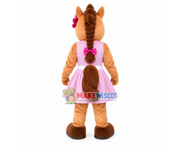 Brown Lady Horse In Plaid Dress Mascot Costume Brown Lady Horse In Plaid Dress Mascot Costume