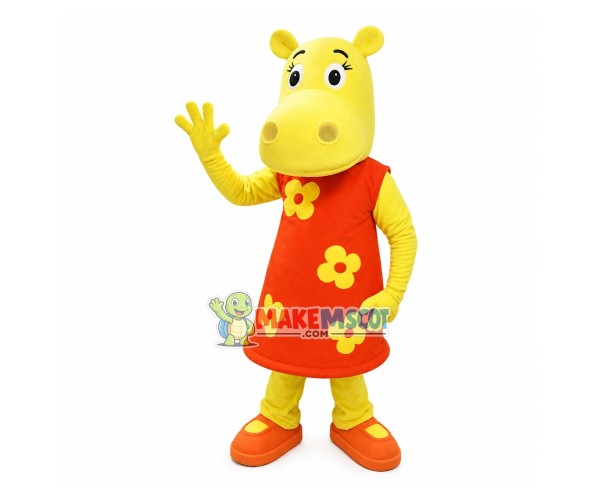 Beautiful Yellow Hippo Wearing Flower Dress Mascot Costume Beautiful Yellow Hippo Wearing Flower Dress Mascot Costume
