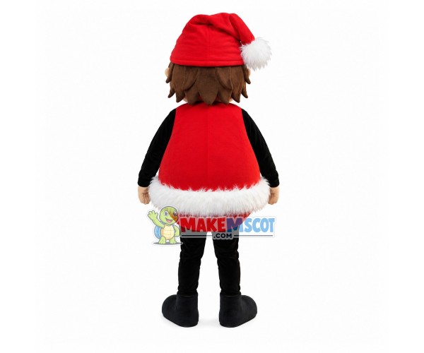 Cheerful Boy In Christmas Plush Vest Mascot Costume