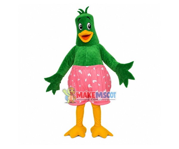 Green Chicken In The Pink Printed Shorts Mascot Costume Green Chicken In The Pink Printed Shorts Mascot Costume