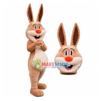 Khaki Plush Rabbit In Good Mood Mascot Costume Khaki Plush Rabbit In Good Mood Mascot Costume