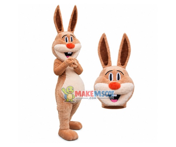 Khaki Plush Rabbit In Good Mood Mascot Costume Khaki Plush Rabbit In Good Mood Mascot Costume