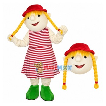 Blonde Girl Puppet In Striped Dress Mascot Costume
