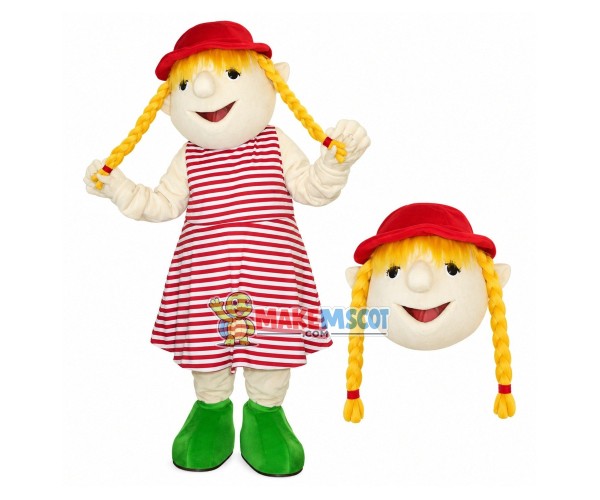 Blonde Girl Puppet In Striped Dress Mascot Costume Blonde Girl Puppet In Striped Dress Mascot Costume