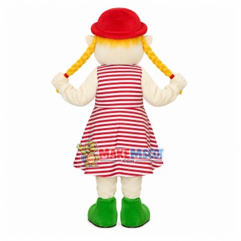 Blonde Girl Puppet In Striped Dress Mascot Costume Blonde Girl Puppet In Striped Dress Mascot Costume