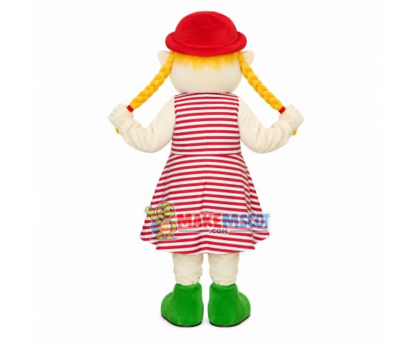 Blonde Girl Puppet In Striped Dress Mascot Costume Blonde Girl Puppet In Striped Dress Mascot Costume