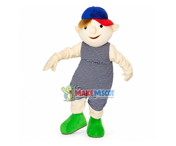 Boy Puppet In Striped Jumpsuit Mascot Costume Boy Puppet In Striped Jumpsuit Mascot Costume