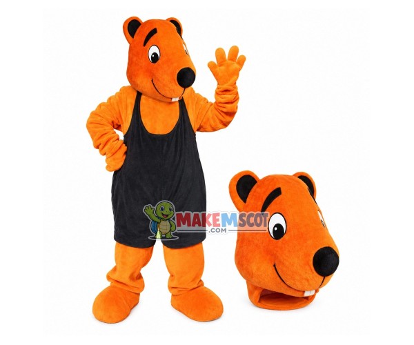 Brown Bear In The Oversized Overalls Mascot Costume Brown Bear In The Oversized Overalls Mascot Costume