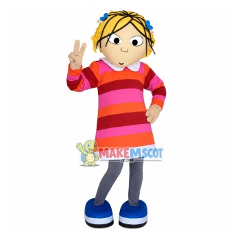 Lively Girl In The Striped Blouse Dress Mascot Costume Lively Girl In The Striped Blouse Dress Mascot Costume