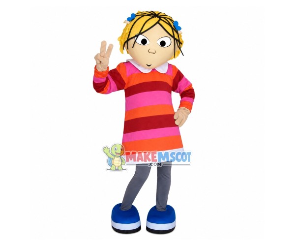 Lively Girl In The Striped Blouse Dress Mascot Costume Lively Girl In The Striped Blouse Dress Mascot Costume