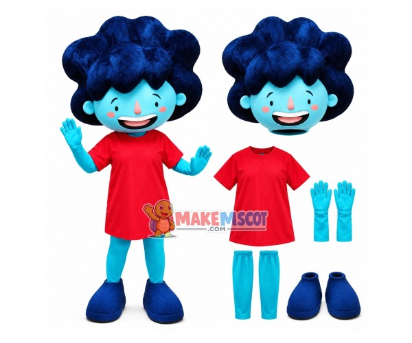 Curly Hair Blue Girl Cartoon Mascot Costume Curly Hair Blue Girl Cartoon Mascot Costume