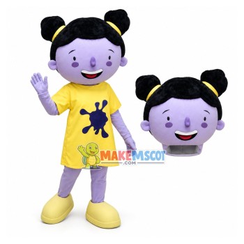 Purple Girl Doll In Printed Dress Mascot Costume