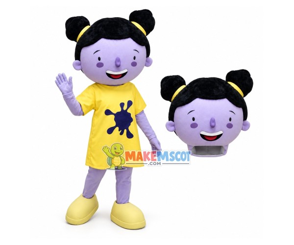 Purple Girl Doll In Printed Dress Mascot Costume