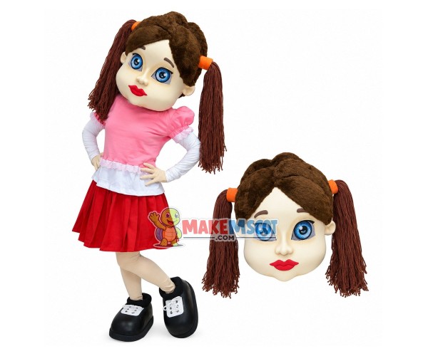 Pretty Girl Student With Double Ponytails Mascot Costume Pretty Girl Student With Double Ponytails Mascot Costume