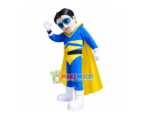 Superhero In Blue Blindfold Mascot Costume Superhero In Blue Blindfold Mascot Costume
