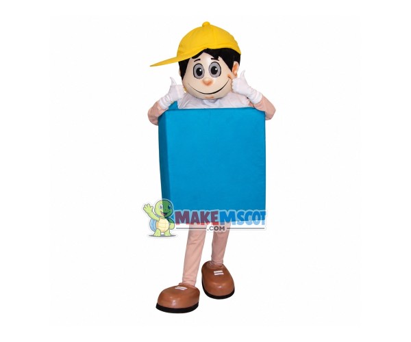 Helpful Boy Holding Big Box Mascot Costume Helpful Boy Holding Big Box Mascot Costume