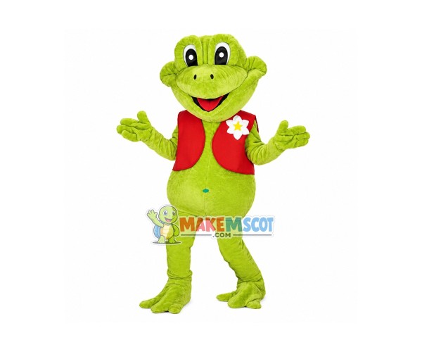 Green Frog In Red Vest Mascot Adult Costume Green Frog In Red Vest Mascot Adult Costume