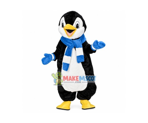 Lovely Penguin Wearing Blue Gloves And Scarf Mascot Adult Costume Lovely Penguin Wearing Blue Gloves And Scarf Mascot Adult Costume