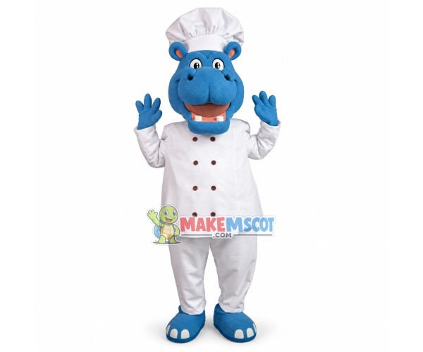 Happy Chef Blue Hippo Mascot Costume Happy Chef Blue Hippo Mascot Costume