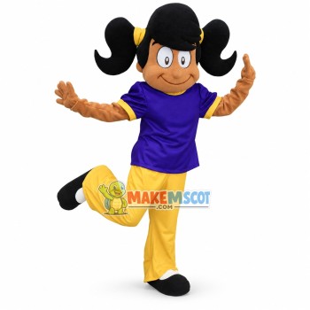 Lively Black Girl With Double Ponytail Mascot Costume Lively Black Girl With Double Ponytail Mascot Costume
