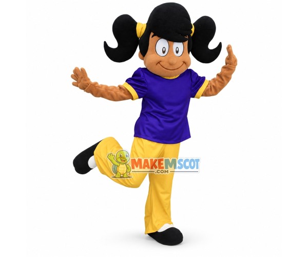 Lively Black Girl With Double Ponytail Mascot Costume Lively Black Girl With Double Ponytail Mascot Costume