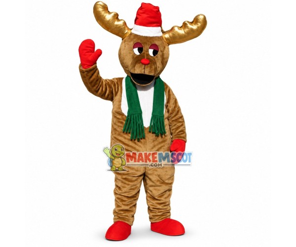 Xmas Red Nosed Reindeer With Golden Antlers Mascot Costume Xmas Red Nosed Reindeer With Golden Antlers Mascot Costume