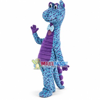 Purple Spotted Blue Dinosaur With Bow Tie Mascot Costume	