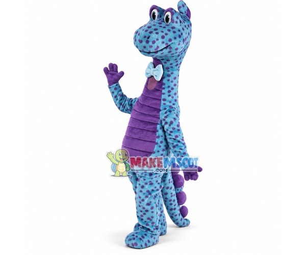 Purple Spotted Blue Dinosaur With Bow Tie Mascot Costume	