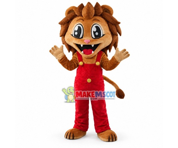 Handsome Cartoon Lion In Red Jumpsuit Mascot Costume Handsome Cartoon Lion In Red Jumpsuit Mascot Costume