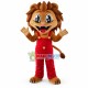 Handsome Cartoon Lion In Red Jumpsuit Mascot Costume 