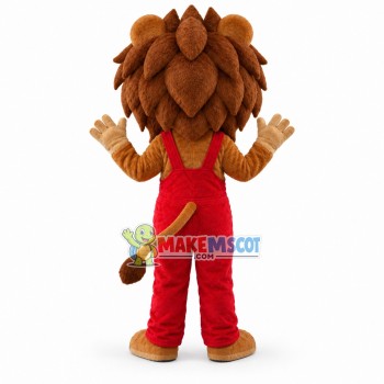 Handsome Cartoon Lion In Red Jumpsuit Mascot Costume 