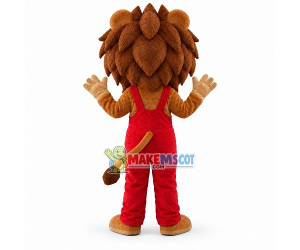Handsome Cartoon Lion In Red Jumpsuit Mascot Costume 