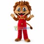 Handsome Cartoon Lion In Red Jumpsuit Mascot Costume 