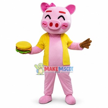 Cute Pink Pig Girl With Hamburger Mascot Costume Cute Pink Pig Girl With Hamburger Mascot Costume