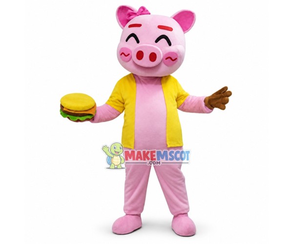Cute Pink Pig Girl With Hamburger Mascot Costume Cute Pink Pig Girl With Hamburger Mascot Costume