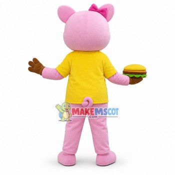 Cute Pink Pig Girl With Hamburger Mascot Costume Cute Pink Pig Girl With Hamburger Mascot Costume