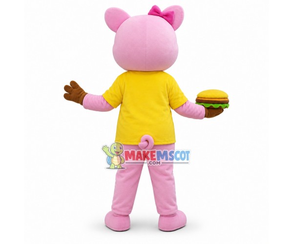Cute Pink Pig Girl With Hamburger Mascot Costume 