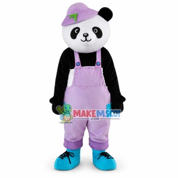 Adult Cartoon Panda Wearing Purple Overalls And Purple Hat Mascot Costume Adult Cartoon Panda Wearing Purple Overalls And Purple Hat Mascot Costume