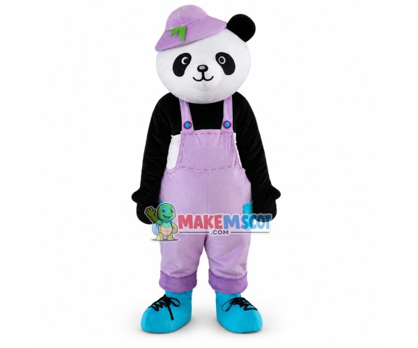 Adult Cartoon Panda Wearing Purple Overalls And Purple Hat Mascot Costume	
