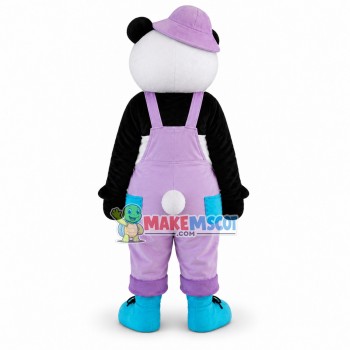 Adult Cartoon Panda Wearing Purple Overalls And Purple Hat Mascot Costume Adult Cartoon Panda Wearing Purple Overalls And Purple Hat Mascot Costume
