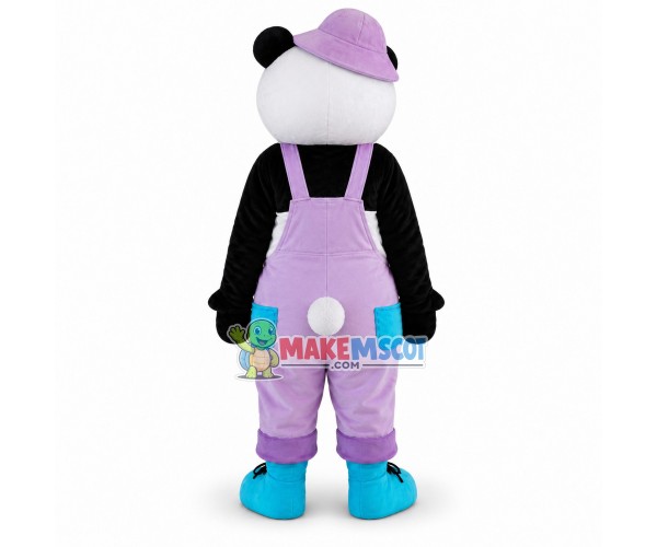 Adult Cartoon Panda Wearing Purple Overalls And Purple Hat Mascot Costume Adult Cartoon Panda Wearing Purple Overalls And Purple Hat Mascot Costume