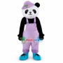 Adult Cartoon Panda Wearing Purple Overalls And Purple Hat Mascot Costume	