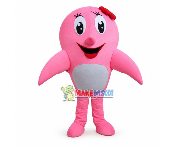Lovely Cartoon Pink Dolphin With Red Flower Headdress Mascot Costume Lovely Cartoon Pink Dolphin With Red Flower Headdress Mascot Costume