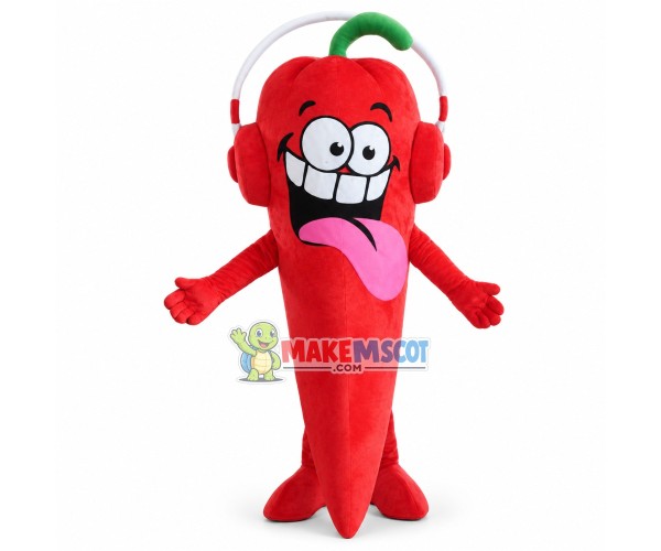 Crazy Cartoon Red Chili Pepper With Red Headphones Mascot Costume For Adult Crazy Cartoon Red Chili Pepper With Red Headphones Mascot Costume For Adult