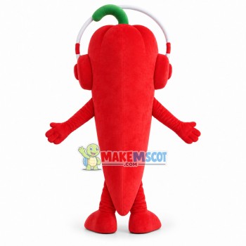 Crazy Cartoon Red Chili Pepper With Red Headphones Mascot Costume For Adult