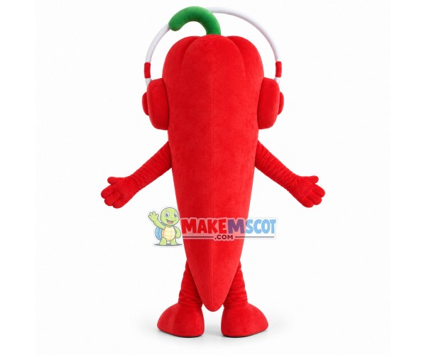Crazy Cartoon Red Chili Pepper With Red Headphones Mascot Costume For Adult Crazy Cartoon Red Chili Pepper With Red Headphones Mascot Costume For Adult