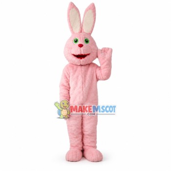 Friendly Pink Fur Bunny With Green Eyes Mascot Costume Friendly Pink Fur Bunny With Green Eyes Mascot Costume