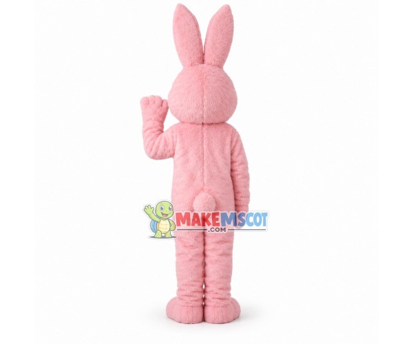 Friendly Pink Fur Bunny With Green Eyes Mascot Costume 